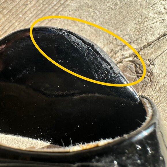 Coach Gretchen 5 Black Patent Leather Silver Logo Wedge Heel, Peep Toe Damage - Picture 6 of 9